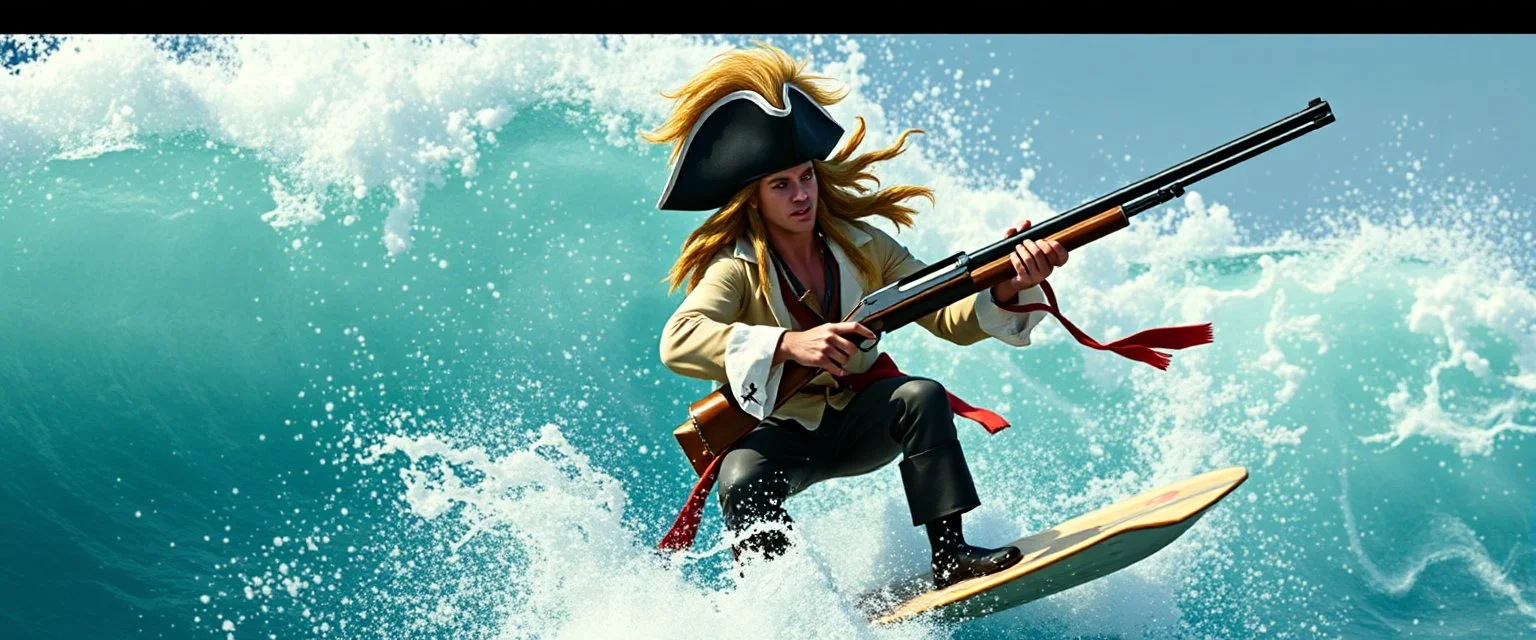 pirate shotgun mozart playing with his wig, looking hot and crazy on a surfboard on a big wave