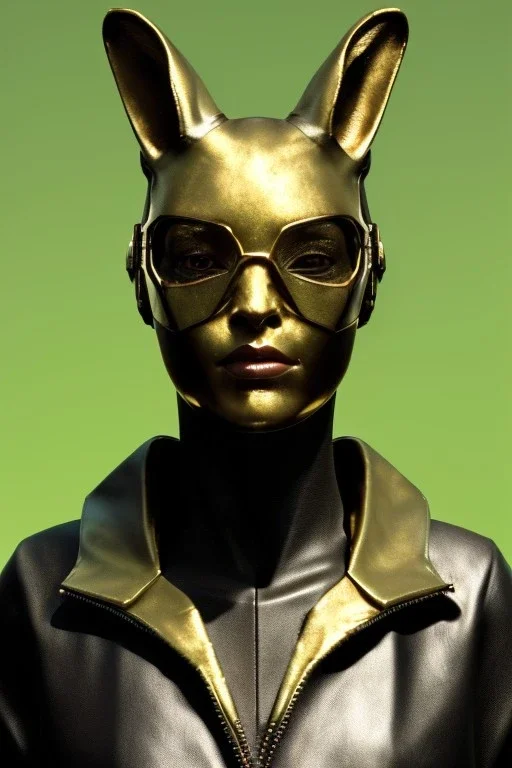 Medium Close Up Portrait, Front image. cyberpunk, rabbit mask, sweet woman, gold hair. Leather suit army. Yellow, black, green, color. Gucci style. Color background, photo studio. Avatar image, highly detailed, concept art, smooth, unreal engine 5, ray tracing, RTX, lumen lighting, ultra detail, volumetric lighting, 3d, finely drawn, high definition, high resolution.