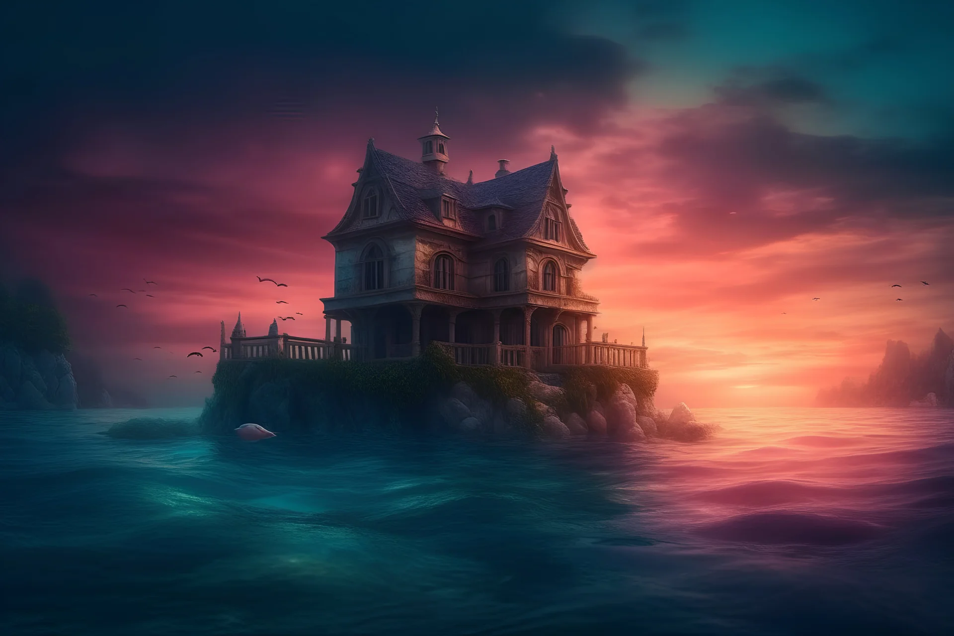 Paisaje de casa irrealista en el medio del mar rodeada de sirenas con un cielo anocheciendo. Atmósfera de fantasía y oscuridad, paleta de tonos fríos, bajo contraste e iluminación suave.