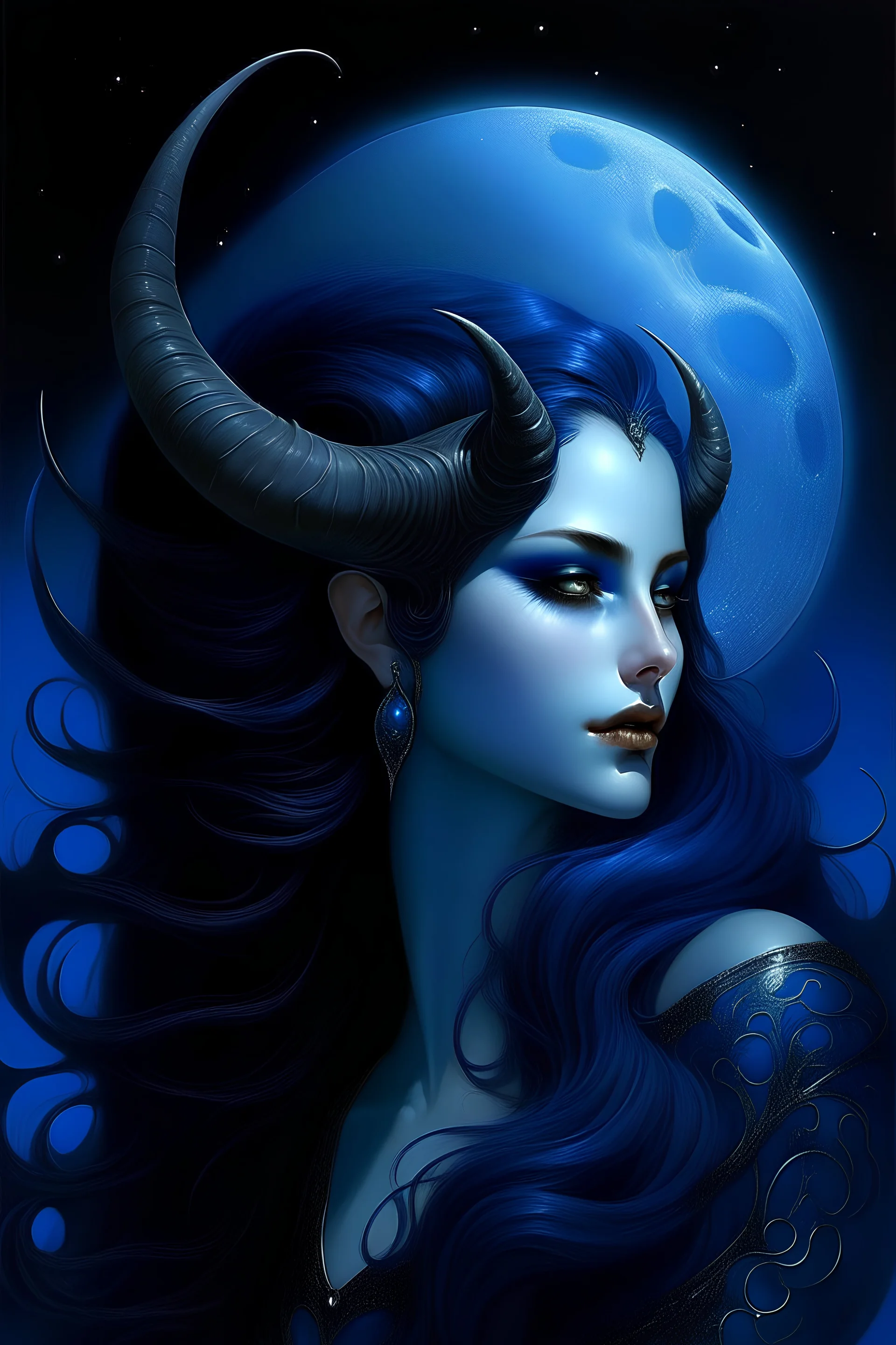 a captivating blue-skinned devil with elegant horns and allure beyond compare. Her seductive nature is represented through her enchanting voice, mesmerizing gaze, and irresistible charm. She has stunning blue skin that shimmers like a moonlit ocean. Her long, flowing hair cascades in midnight blue waves, framing her alluring face. Horns, elegantly curved like a crescent moon, adorn her forehead, adding an enigmatic charm to her appearance. Her eyes are deep pools of sapphire, holding a seductive