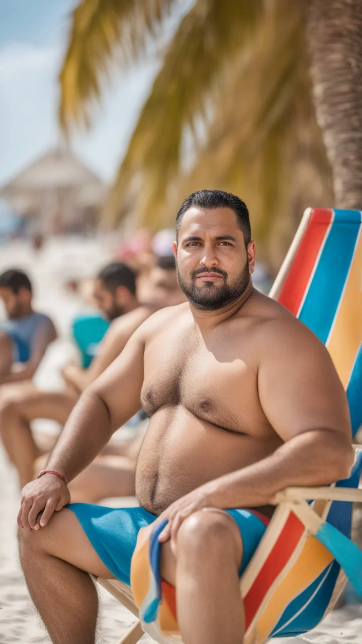 full figure shot photography of a serious ugly burly strong chubby marocan 35 years old, shirtless, short beard, sells colored pareos on a crowded beach, sitting on a beach chair, sunligh, photorealistic, 35mm lens, side light, ambient occlusion