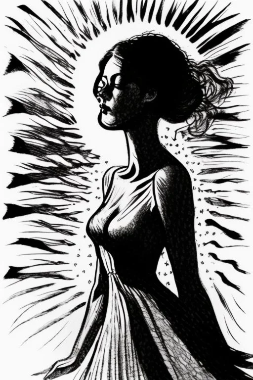 A hauntingly beautiful ink drawing of a woman in a summer dress, her face illuminated by the sun's rays.
