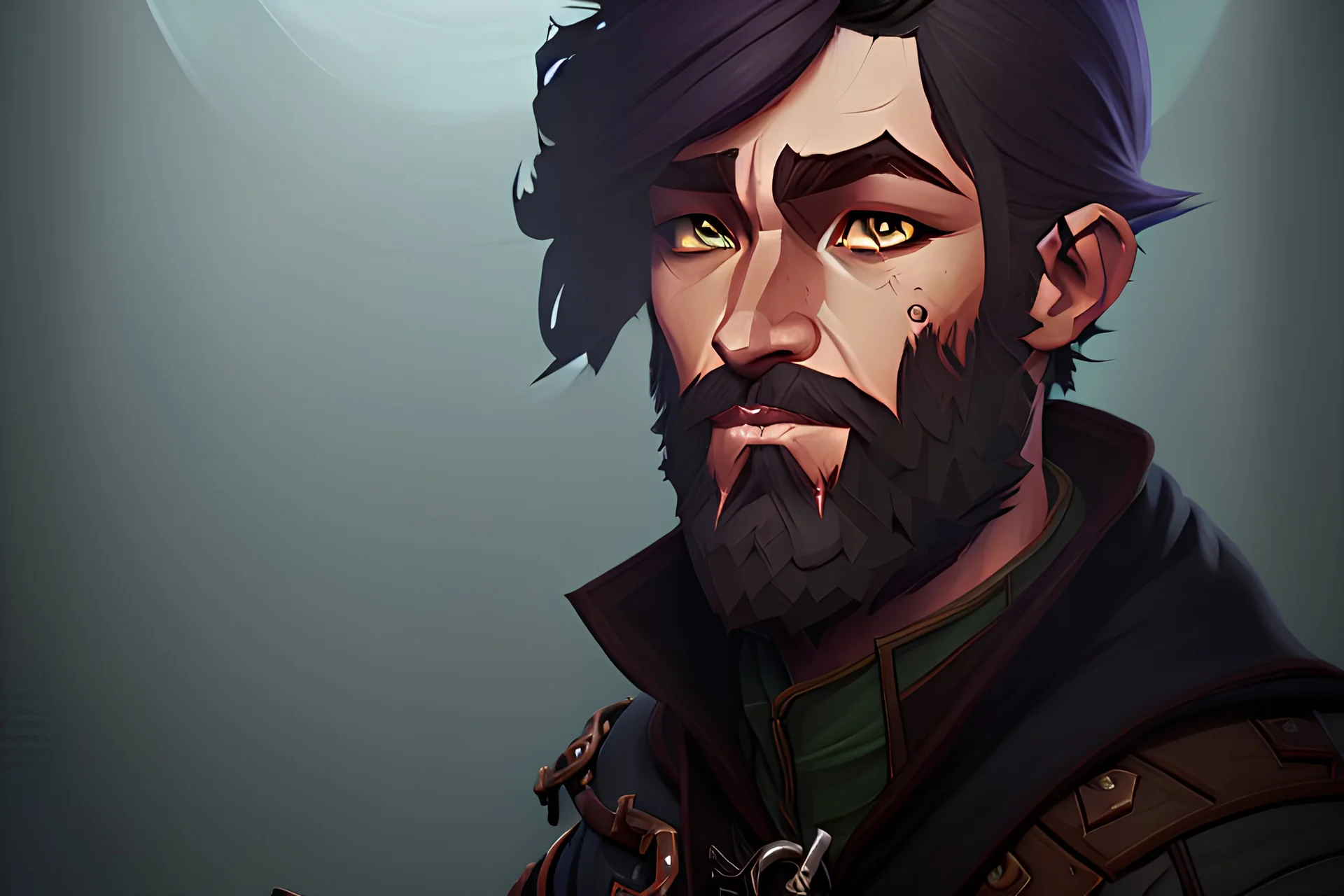 Portrait of an D&D Ranger adventurer with grey eye color, black hair, gruff beard, solo, pinup, wearing classic adventuring gear, realistic eyes, male, solo, canvas painting, dark colors, realistic Rembrandt lighting, dark forest background