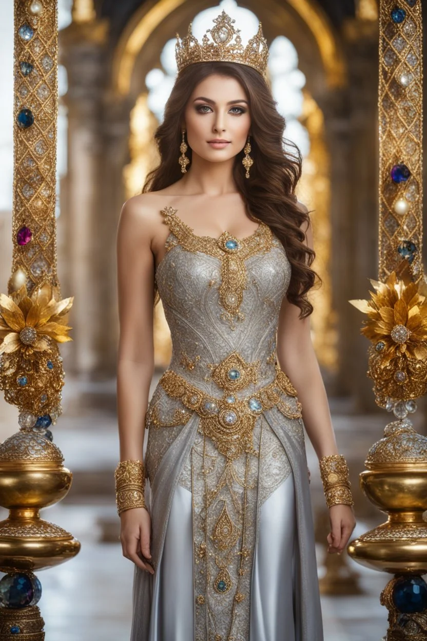 Stand pose gorgeous photography art,cinematic realistic colors,soft blur lens focus dslr,natural beauty, of young woman, smiling, beautiful, shiny grey eyes, make up,Queen Byzantine style, shiny baubles, ornate, large gemstones, shiny molten metalics, shiny ornaments flowers pattern golden,full jewelrys diamonds bright shining,brown hair, high definition,in luxury castle background