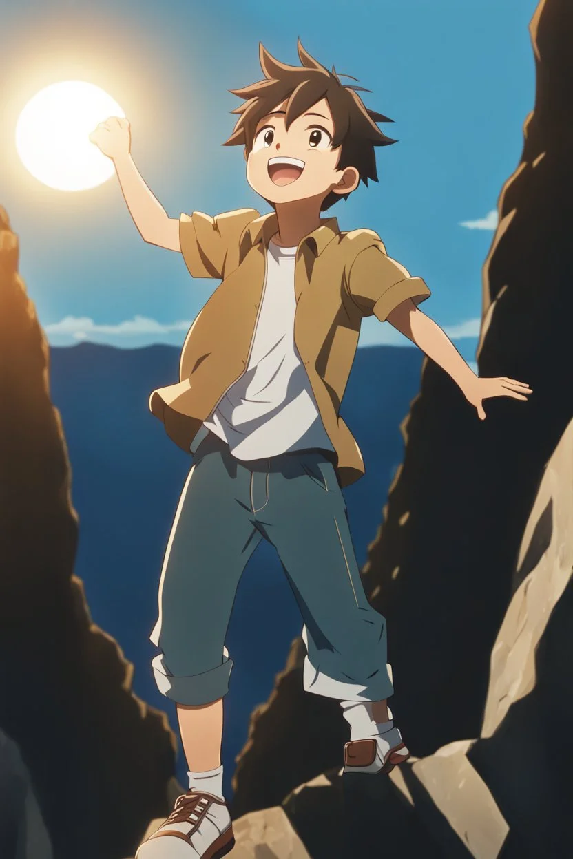 Close up of trendy anime boy standing on edge of cliff, head towards the sky, sun on face, thankful and smiling, arms open in the air