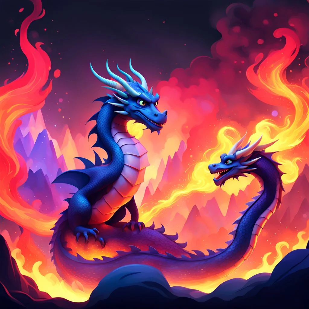 Pixar Disney Style, Dragons, Fire and Smog, Fantasy, Universum, Background black, Fadeborder around the image.