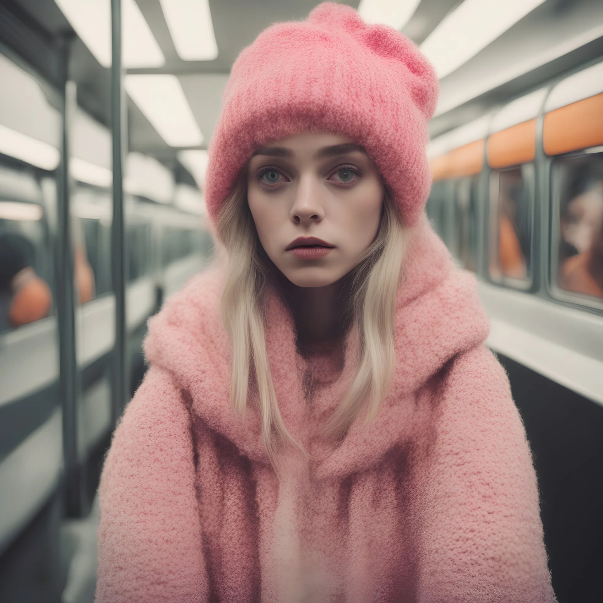 Billie eillish, sad,in the metro in the style of a polaroid,, pink,orange, with a knitted hat, ey