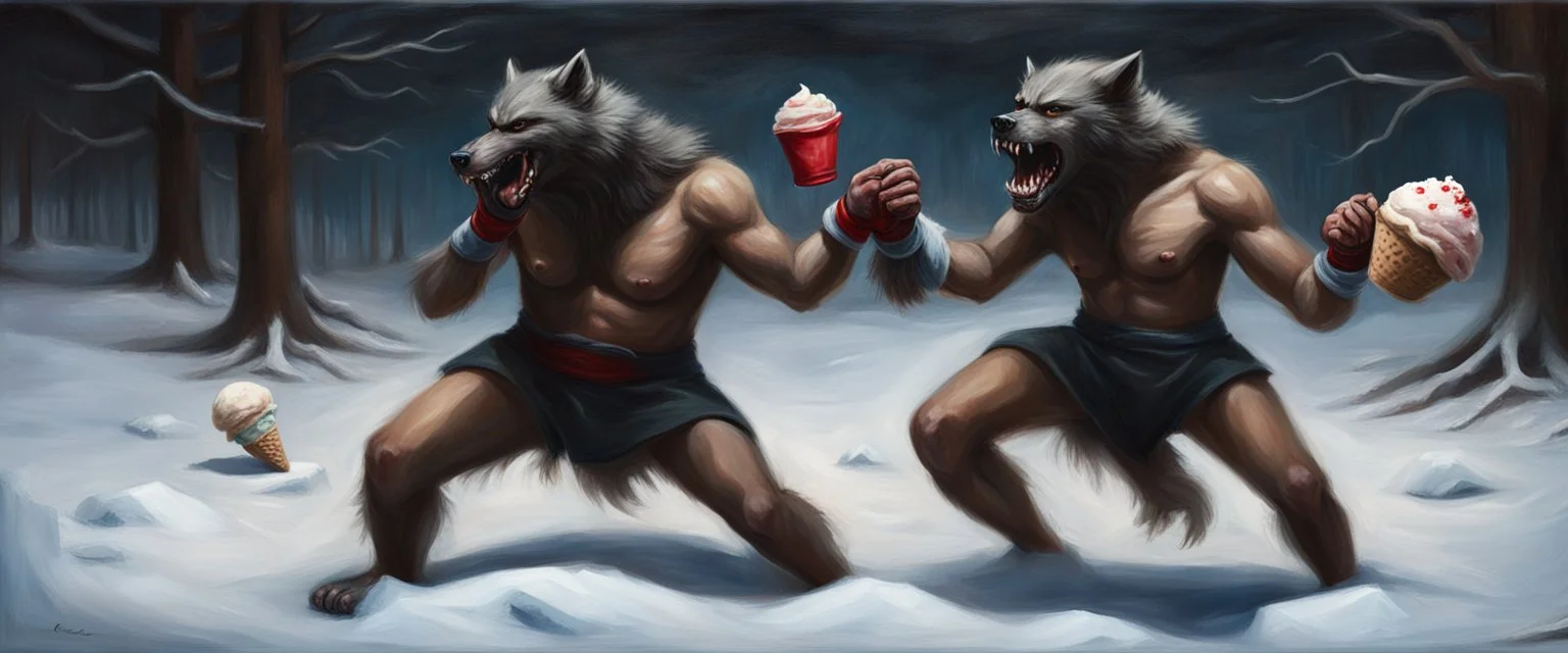 dark realistic oil painting of photo shoot of self aware werewolf boxing with shadow creature in ice cream and snow