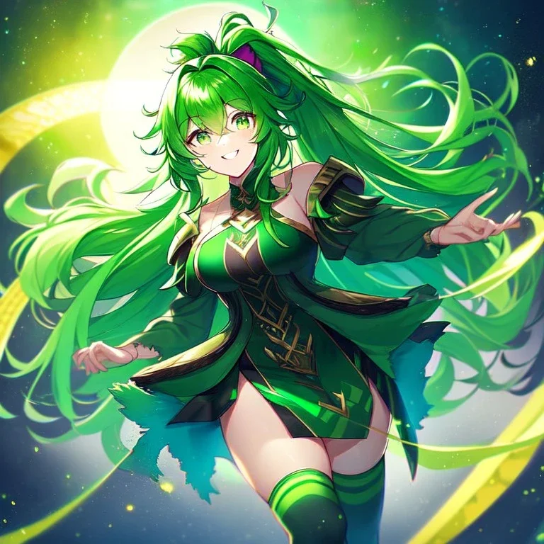 girl, masterpiece, best quality, volumetric lighting, detailed outfit, perfect eyes, long hair, green hair, green eyes, beautiful lighting, vibrant colors, smiling, thigh highs, ponytail, messy hair,