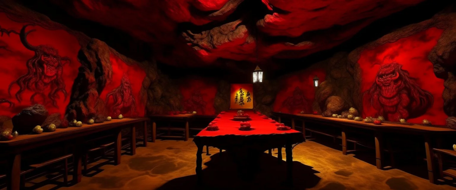 An orangish red Oni themed hibachi restaurant in the lava caverns painted by Guo Xi