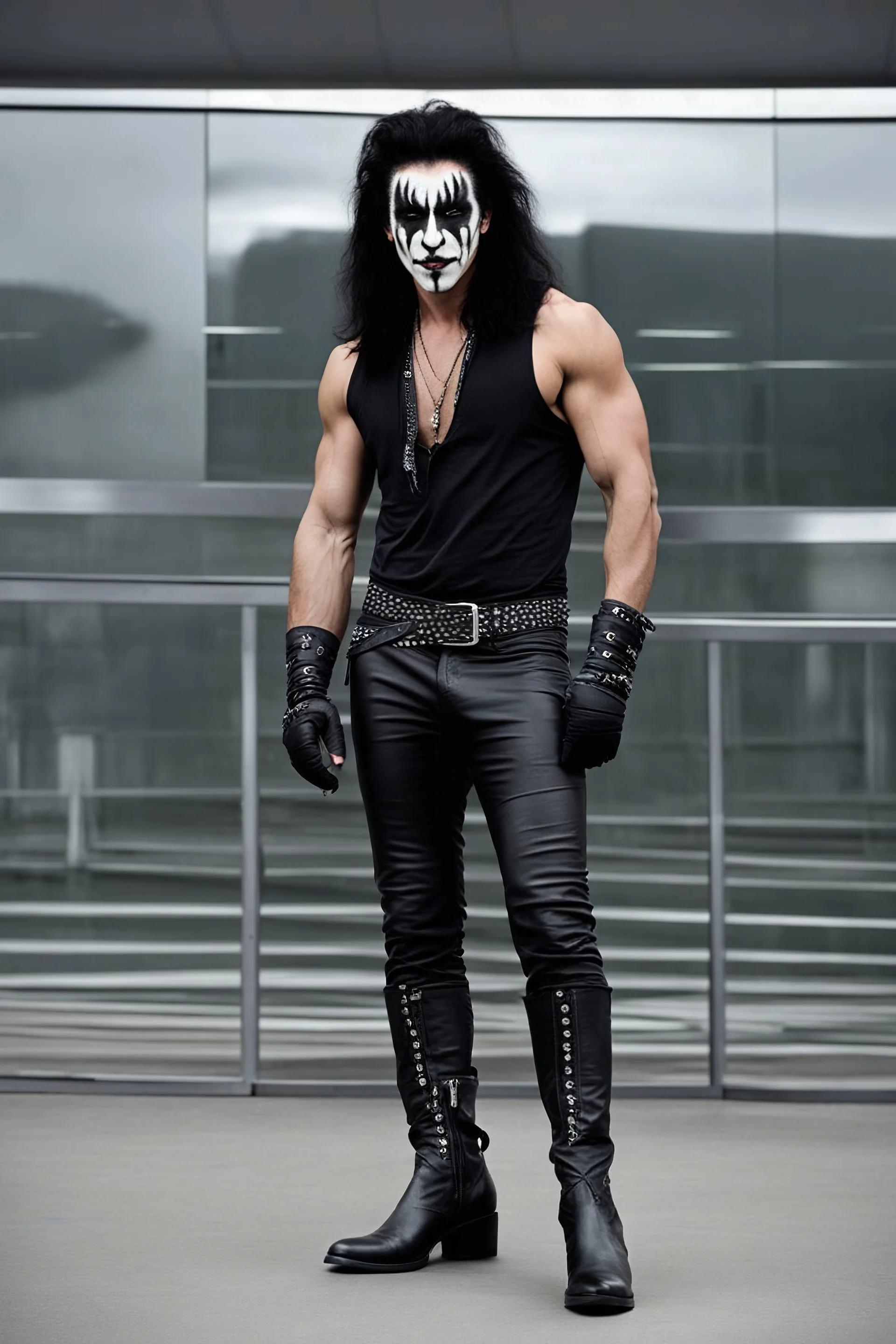 (((12-inch-high Platform Boots::1.5))), an extremely muscular 18-year-old Gene Simmons with (((Kiss Makeup on))), smiling, (((Black lipstickl:1.5))), with (((long, black hair, ((((man bun on top:1.5))))\))), wearing a skintight, formfitting black leather bodysuit and codpiece, with (((spiked metal shoulder and chest armor))) and black cape, (((Bass Guitar shaped like an Ax))), (I Love you Hand sign), Fist pumping, action poses, Leaning against the wall, posing for his picture, holding his cape