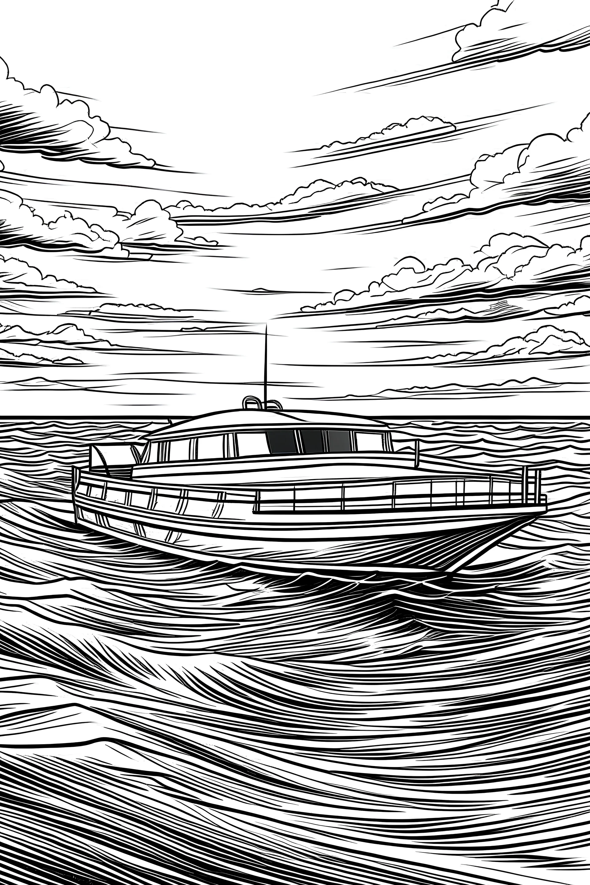 Outline art, no shading, speed boat on the sea, cartoon style, black and white, low detail, --ar 9:11