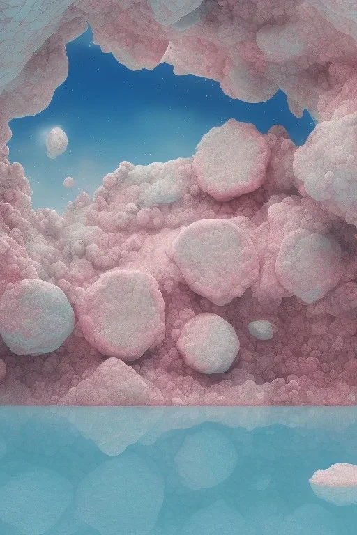 lac turquoise, petit rocher avec mousse, fleurs rose et blance, dome précis détaillé, etoile filante, cristaux, vray, cgi