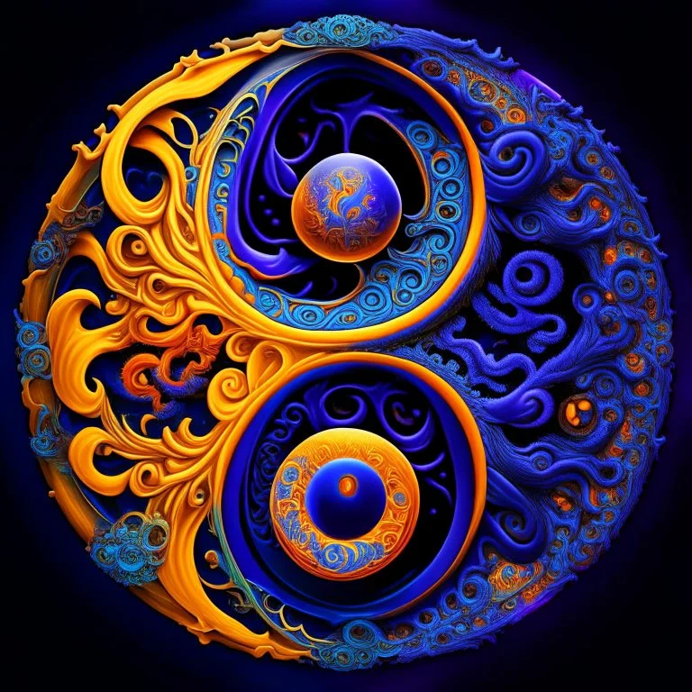 yin-Yang symbol, hyper detailed, photorealistic, hyper detailed, hyper defined, orange, azul, purple, yellow, DMT art