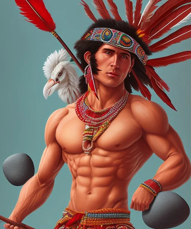 Guaicaipuro, native american god warrior, big muscles, red feathers headdress, shirtless, holding a stone tip spear