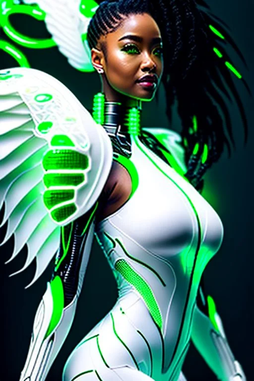 Cyborg symbiote, white color, green color, tendrils, high tech, cyberpunk, biopunk, membrane wings, carbon fiber