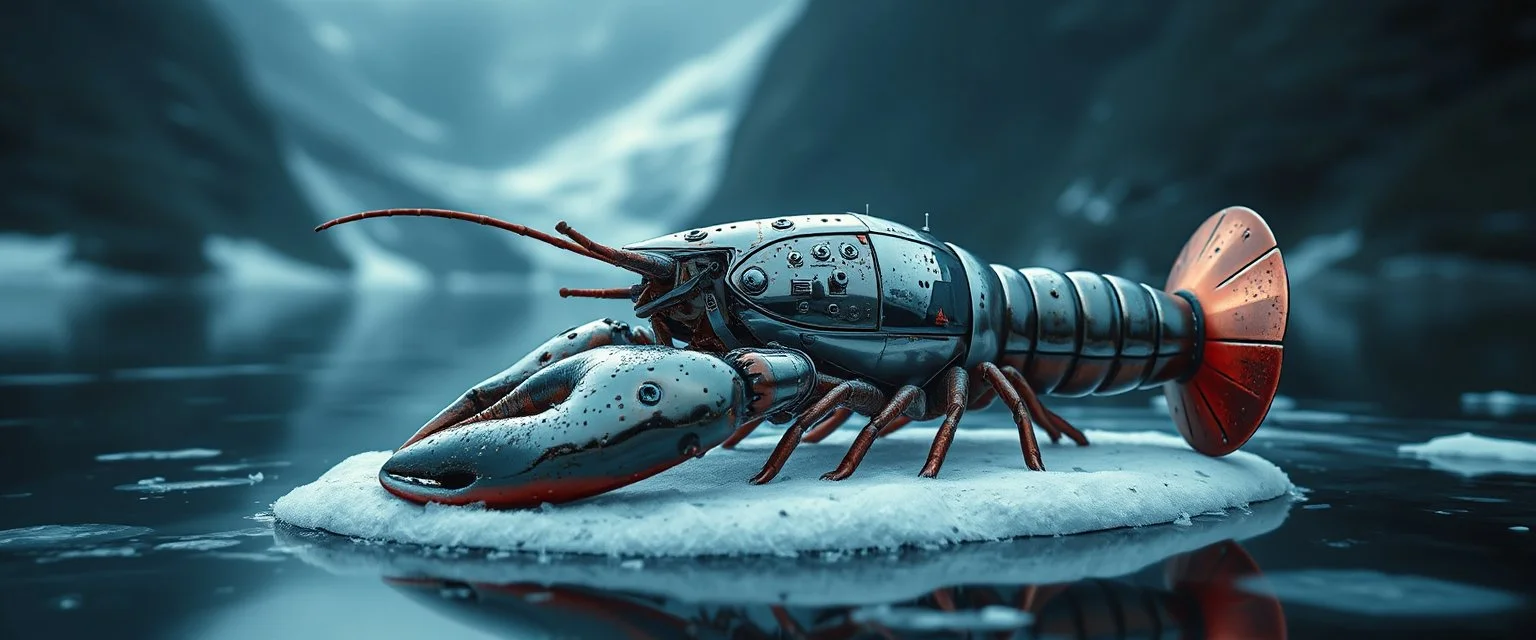 airbrush 3d rendering, close up chrome cd lobster space ship on small frozen island in lake, pinhole cam, background motion blur