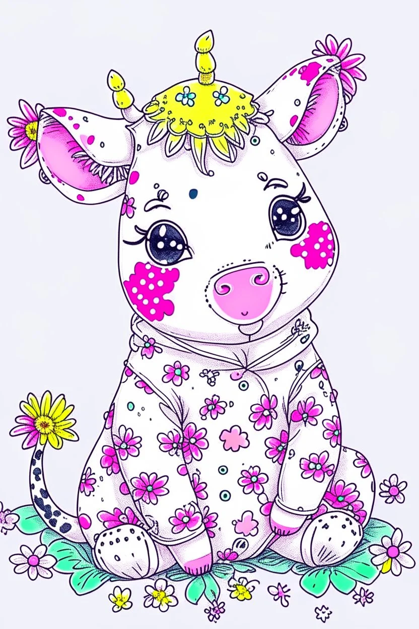 A cute cow dressed in a onezy pajama outfit. The onezy has pink polka dots on and is thick and cozy. She has a flower in her hair