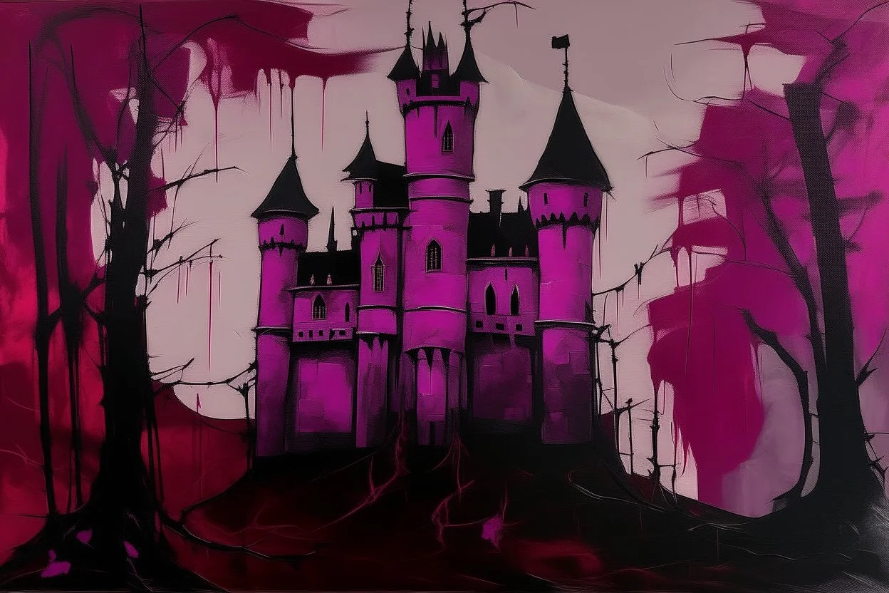 A dark magenta mysterious Halloween themed castle painted by Piet Mondrian