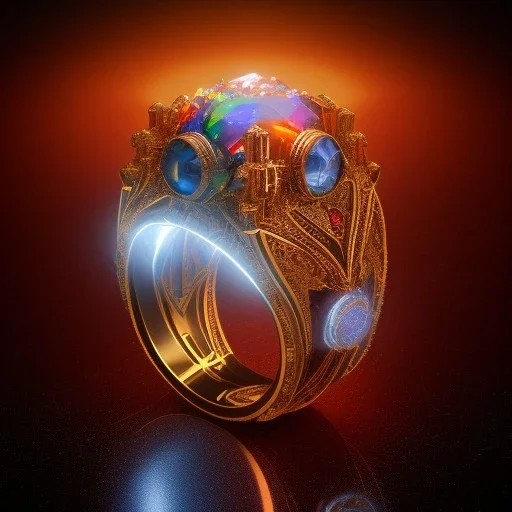 Ring made by wood roots and shreds of glass, orange diamonds sparkles, red rubi fragments around, blue lights reflexes, complex structure, gold details, intricate ring pattern,Unreal Engine 5, lens macro,sharp focus, realistic, hyper detailed, studio lighting, neon light ambient, cinematic