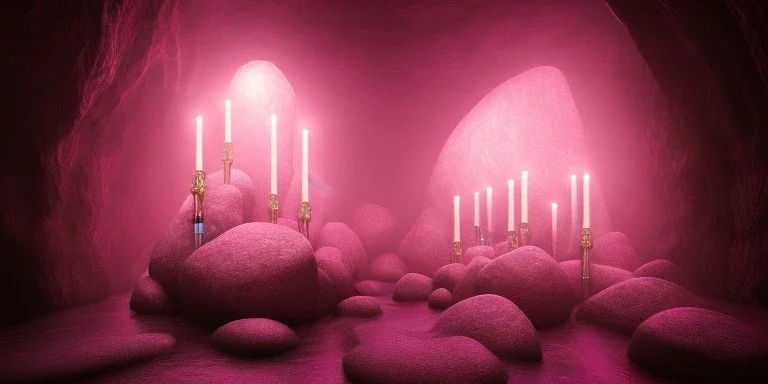 single pink crystal, on an altar in a foggy cave, cinematic,