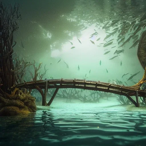 underwater scene with wood bridge, trees, forest submerged underwater, school of fish, 8k Resolution, Fine-Detail, High-Quality, Intricate, Detailed Matte, 3d Octane Render, Beautiful, Stunning, Brian Froud, Selina French, Howard Lyon, Greg Rutowski, Annie Dittman, Annie Stokes