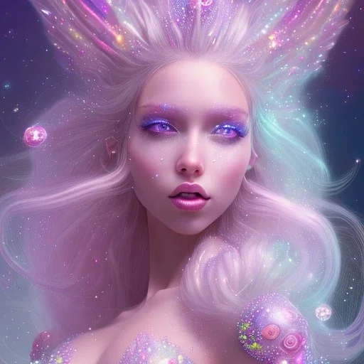 one big crystal glitter pink blue subtle galactic fairy in a galactic ambiance,glitter bikini, long blond hair down to the ground,transparent petals,blue eyes,delicate colors in the foreground, full of details, smooth，soft pink violet light atmosphere, light effect，vaporwave colorful, concept art, smooth, extremely sharp detail, finely tuned detail, ultra high definition, 8 k, unreal engine 5, ultra sharp focus