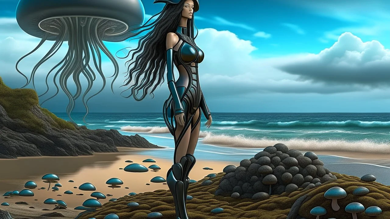 A long-haired woman in a robotic-looking catsuit standing on a beach of a rocky landscape with flying mushrooms with jellyfish tentacles and a crashed spaceship in the distance, with a forest beyond