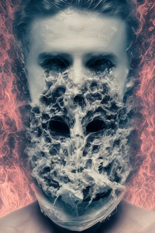 A realistic , 8k high quality image of a person's face from above, face is covered with a plastic, can't breath, suffocating with the face showing like vacuumed under the plastic, eyes open and looking in fear, metaphorically depicting the suffocating grip of anxiety, gothic and dramatic, chaos80 , with debree flying around, abstract