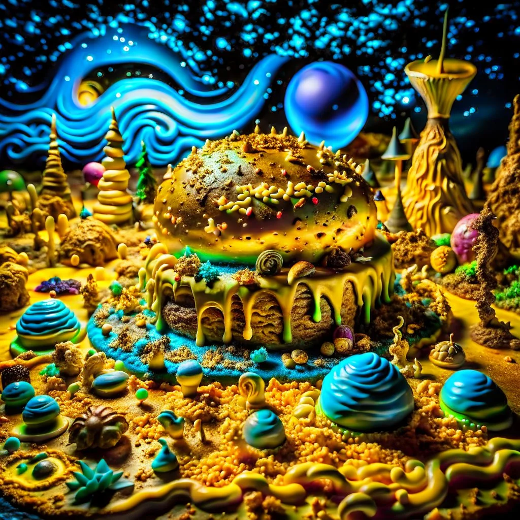 Detailed creepy landscape made of cake-frosting and modeling clay, stars and planets, Roger Dean, Tim Burton, strong texture, Ernst Haekel, extreme detail, Max Ernst, decal, rich moody colors, sparkles, bokeh, odd