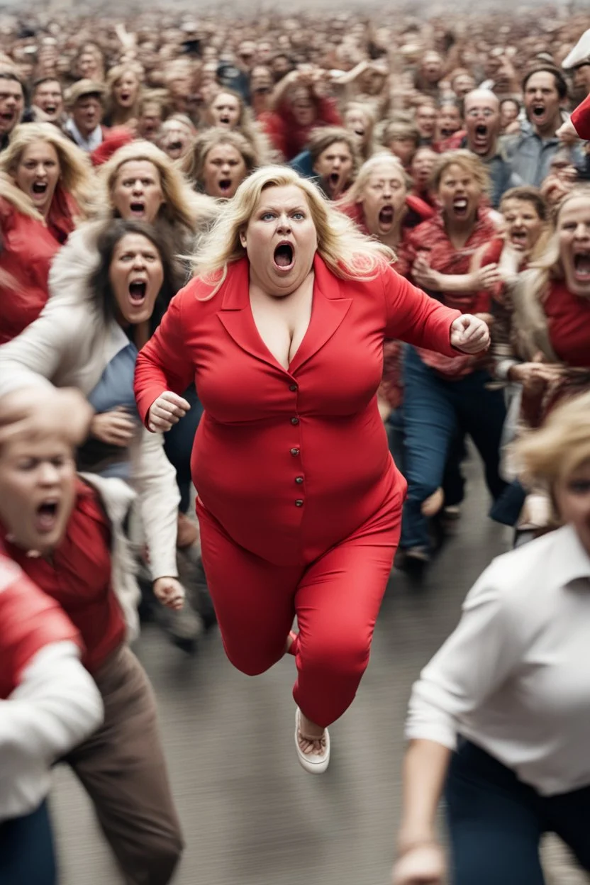 an obese terrified blonde woman in a red pant suit desperately running away from an angry mob of hundreds of people chasing her from far behind