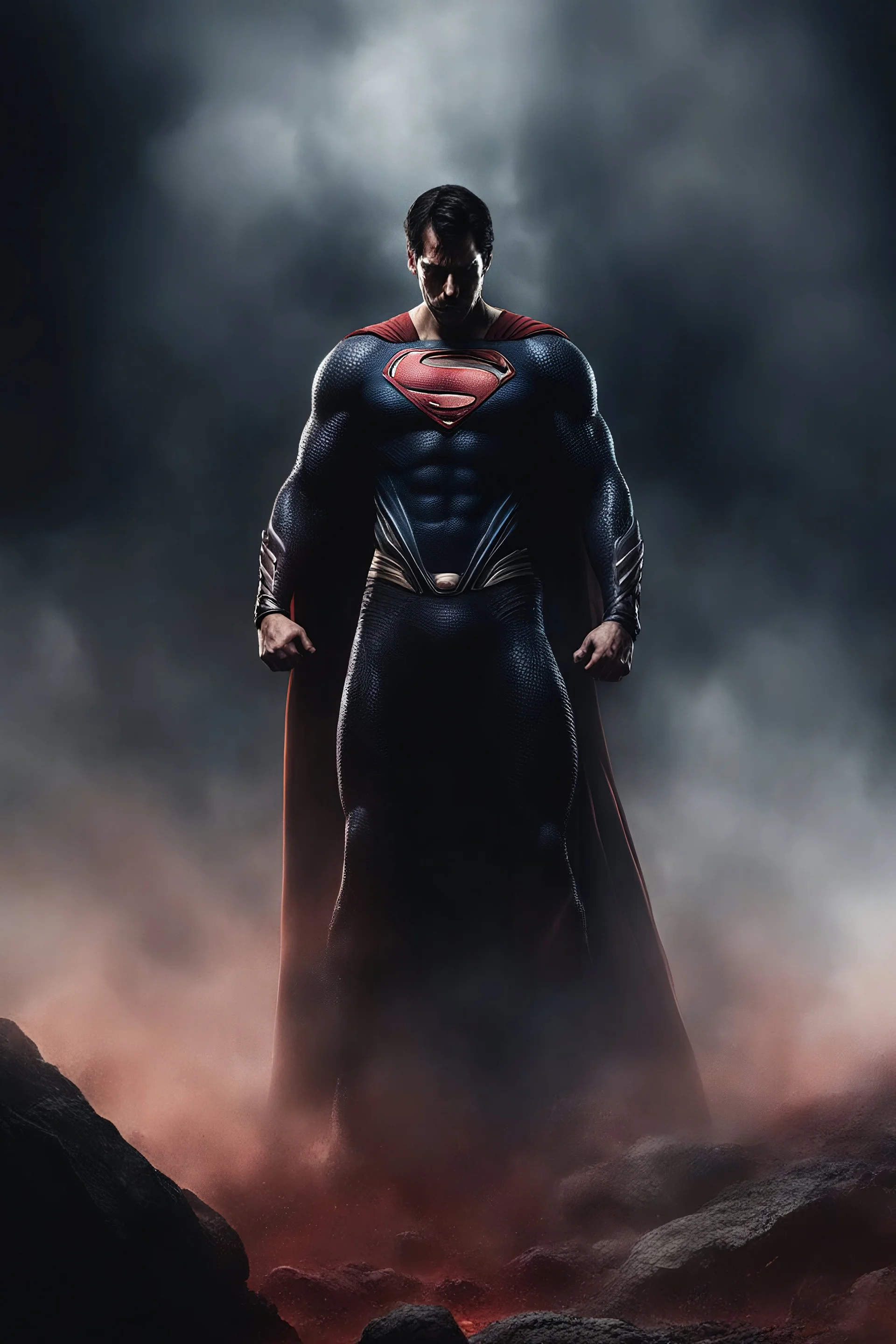 A hyper-realistic Half body shot of Superman standing tall and proud ((with his fists on his hips)), extreme action poses, on the deadly battlefield fighting Darkseid, ultra details, extremely sharp focus, the background of the image a dark and tenebrous illumination with a reddish fog, ultra-high definition, 16k resolution, masterpiece, Outer Space, Stars, planets, cosmic clouds, multicolored lightning, galaxies, extremely colorful