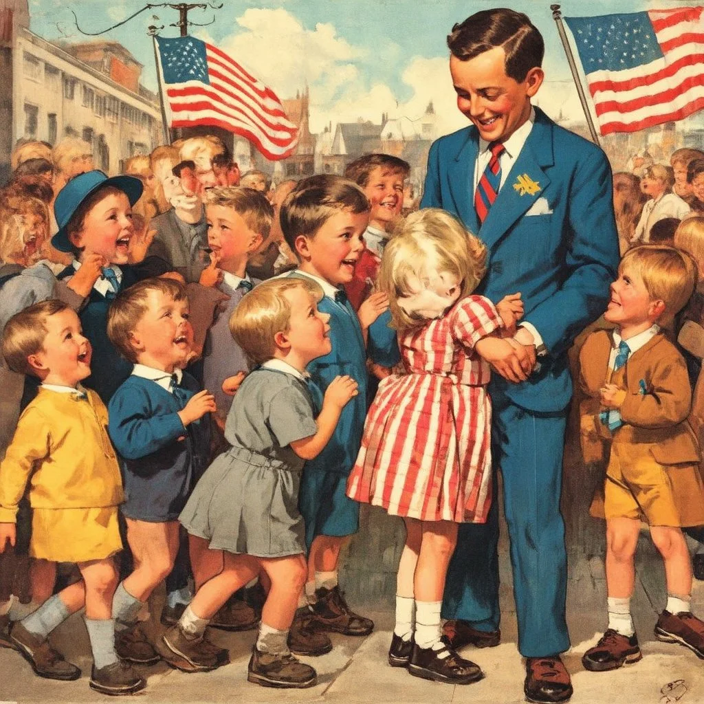 Nostalgic images with Norman Rockwell illustration style. Depicting of American kids mingling with Swedish kids. I love their funny expression.