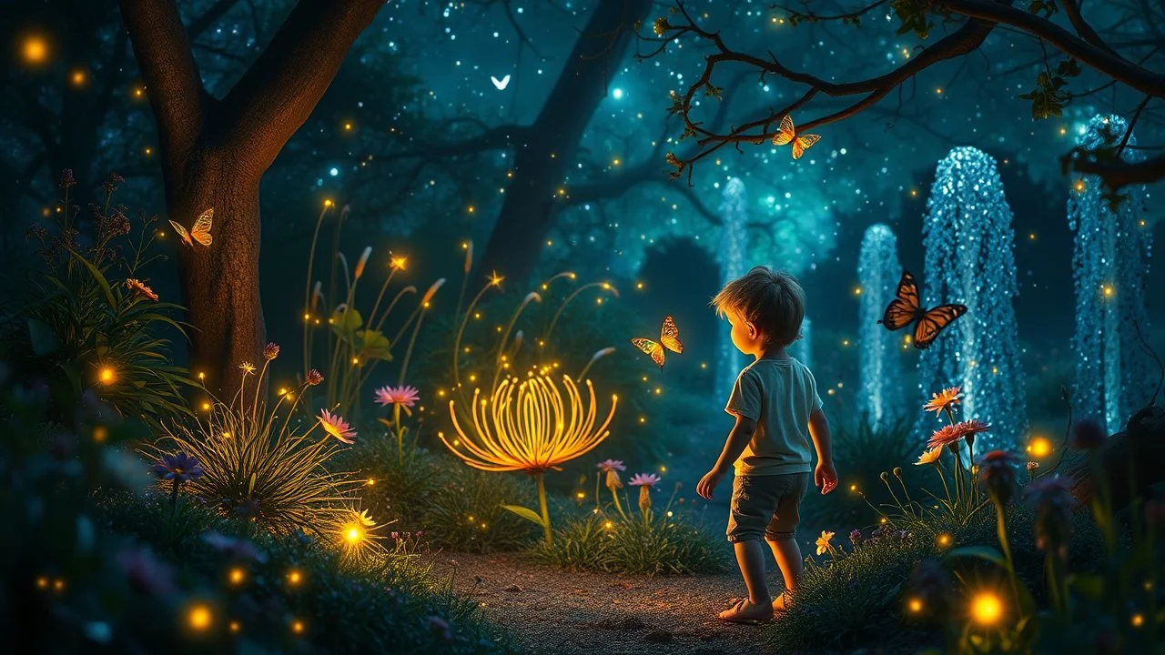 Un beau petit garçon erre dans son monde imaginaire enchanté, Parmi les merveilles, qu'il adore explorer. Nuit enchantée, plantes magiques, fontaines de lumière, lucioles dansantes, fées lumineuses. Ses rêves sont vastes, pleins de beauté, Chaque instant est un nouveau bonheur. Dans son univers, tout est merveilleux, Un monde imaginaire, tendre et lumineux. Bel éclairage, composition attrayante, photoréaliste, extrêmement détaillée, clair-obscur, règle des tiers. Photograph