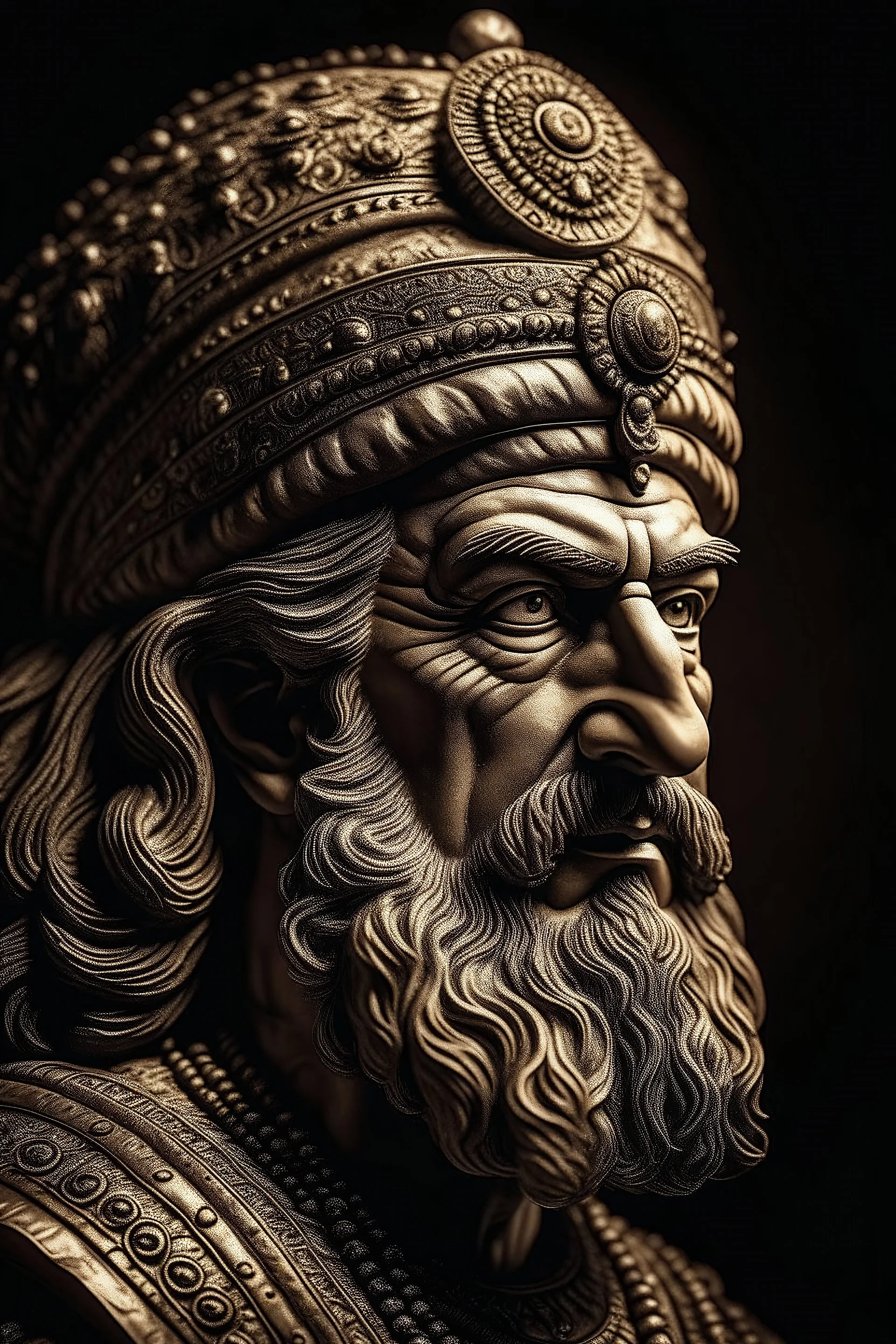 portrait ancient Cyrus the great Persian King, very close to his real picture from ancient books, persian Ornaments ,hyper realism, realistic, highly detailed, high contrast , sharp. Rembrandt lighting.