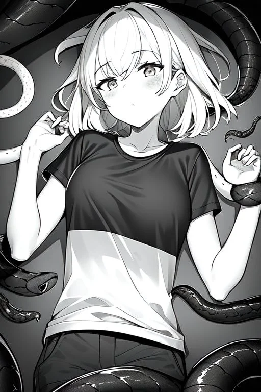 girl in T-shirt lying on the ground and covered with snakes, greyscale