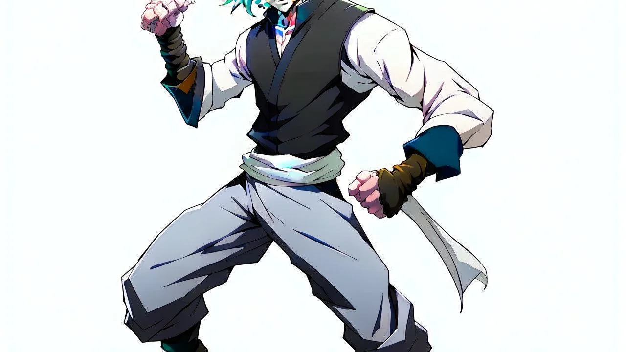 Satoru Gojo is a young guy white hair blue eyes black turtleneck without arms white loose pants in a defensive pose