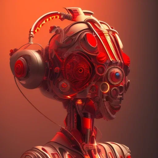 A beautiful portrait of a cyborg bird red color scheme, high key lighting, volumetric light high details psychedelic background