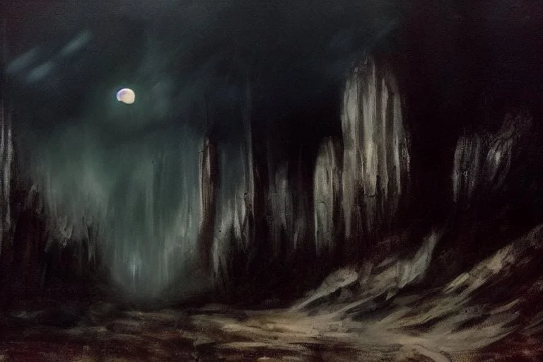 night, forest, cliff, 2000's gothic horror movies influence, otto pippel impressionism paintings