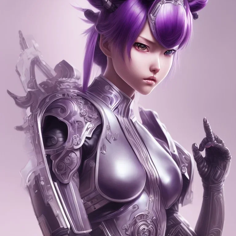 Detailed cute anime Kunoichi girl, purple hair buns, purple bangs, black latex bodysuit, intricate details, full body portrait, keep head in frame, slight smile, black Japanese motif, concept art, highly detailed, digital painting, concept art, sharp focus, illustration, art by Yoji Shinkawa, WLOP and greg rutkowski and alphonse mucha and artgerm and yanjun Chen and Junji ito and Makoto Shinkai, HDR, octane render