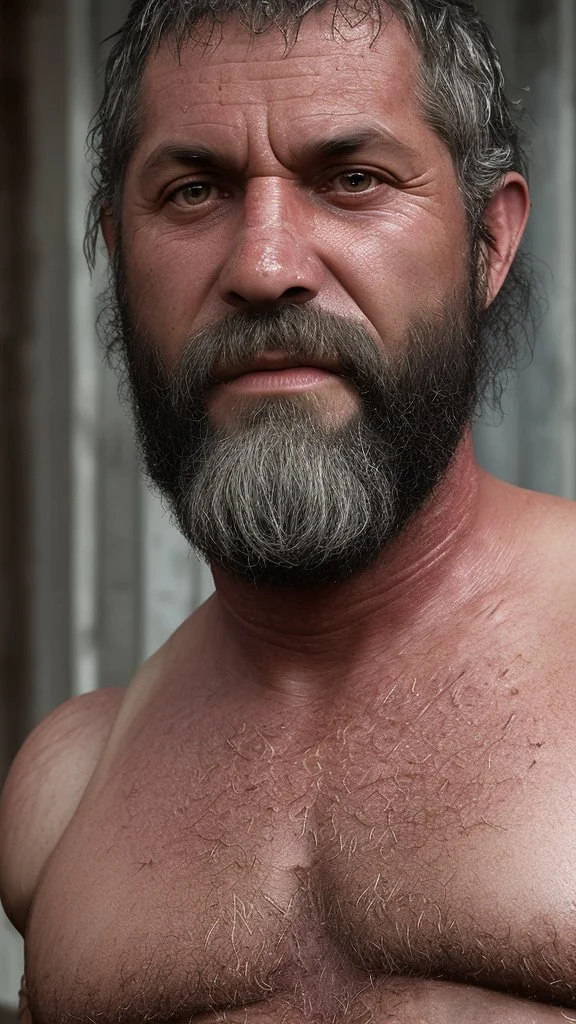 close up photography of a turkish ugly burly serious sweaty, wet chubby muscular and hairy carpenter shirtless, with short pants in safety vest and with long beards, 44 years old, working on a construction site, in the middle of a road, under the August sun, angry eyes, , hyper-realistic, photorealistic , frontal view from the ground