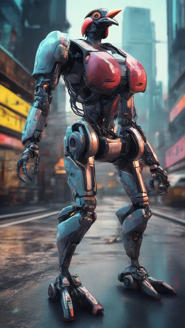 CHICKEN robot, sci-fi, cyberpunk, full body, ultra realistic, virtual reality, cyberpunk city and colors