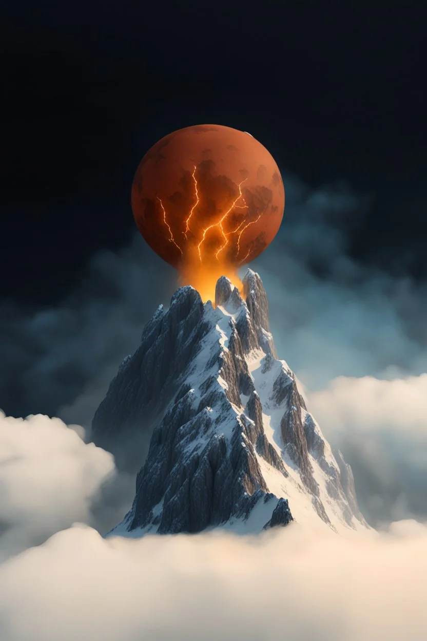 a mountain rises out of the mist into the night sky. at the peak, a sphere is cracked open by the sharp rocks, insides flowing down the mountainside. cinematic lighting, realism,HD, jordan grimmer, artstation, grim mood, from below camera angle. a masterpiece, 8k resolution, dark fantasy concept art, by Greg Rutkowski, dynamic lighting, hyperdetailed, intricately detailed, Splash screen art, trending on Artstation, deep color, Unreal Engine, volumetric lighting,