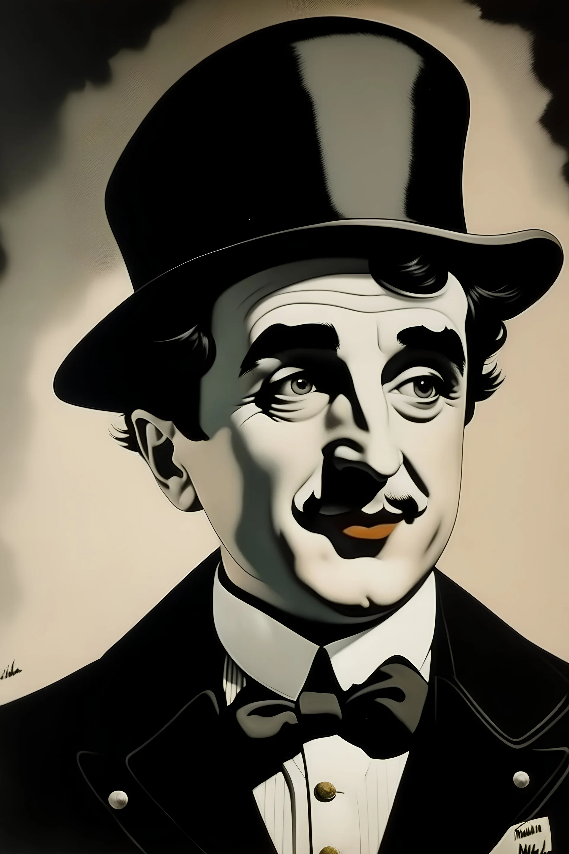 Создай постер про Чарли Чаплина но вместо цилиндра на голове у него должна быть черная кепка с черепом