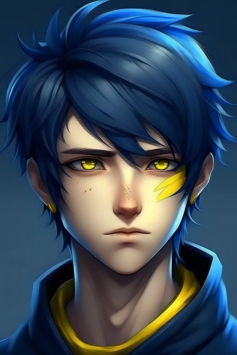 handsome young man with dark blue punk hair and yellow eyes anime realistic