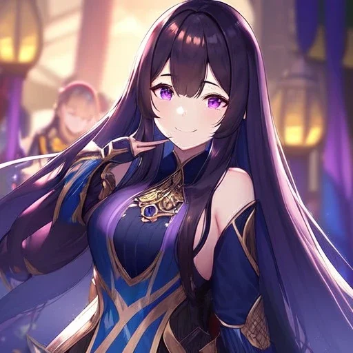 Clear focus,High resolution,High quality, Wearing a Goddess uniform, Black long straight hair, Purple sparkling eyes, Hand on mouth, Smiling