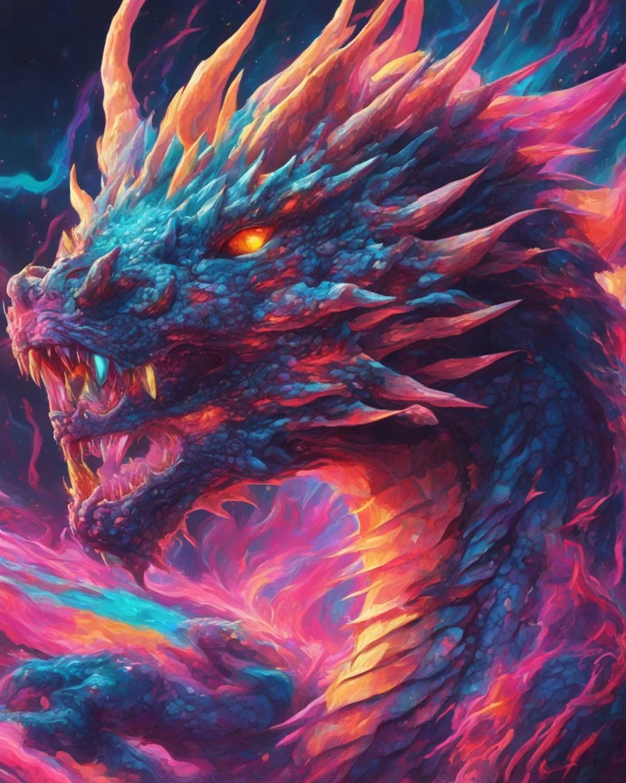 Close up shot, Dragon in a vibrant synthwave dreamscape, neon chaos swirling energetically around pixelated forms, a dynamic fusion of retro gaming nostalgia and futuristic abstraction