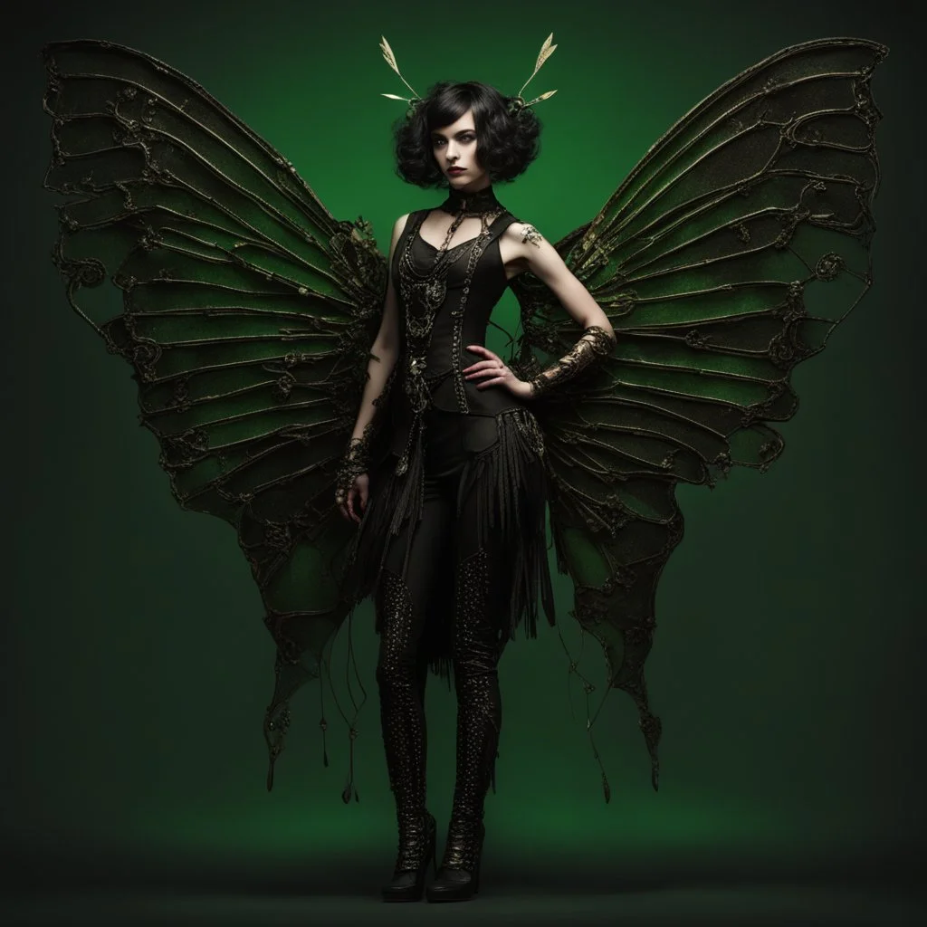 Full body, gothic woman with a bob with a fringe hairstyle, steampunk metal moth wings, green markings, black background