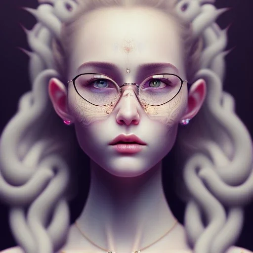 three girls, glasses, portrait, leaning pose, sueter, dead eyes, emotionless face, long white hair, full body, realistic painting, tattoo, intricate detail, cute, symmetrical, emotionless, big horns,