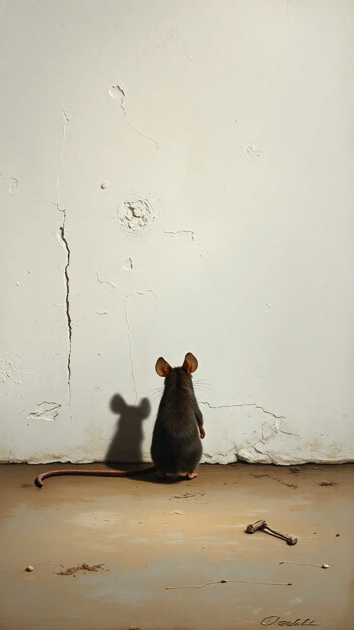 Bosch painting style, nightmare , a very small mouse standing in front of a big white wall side view, a huge shadow of the mouse covering the whole wall size